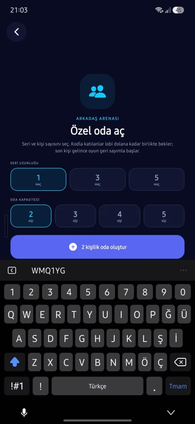 Arkadaş Arenası özel oda oluşturma ekranı